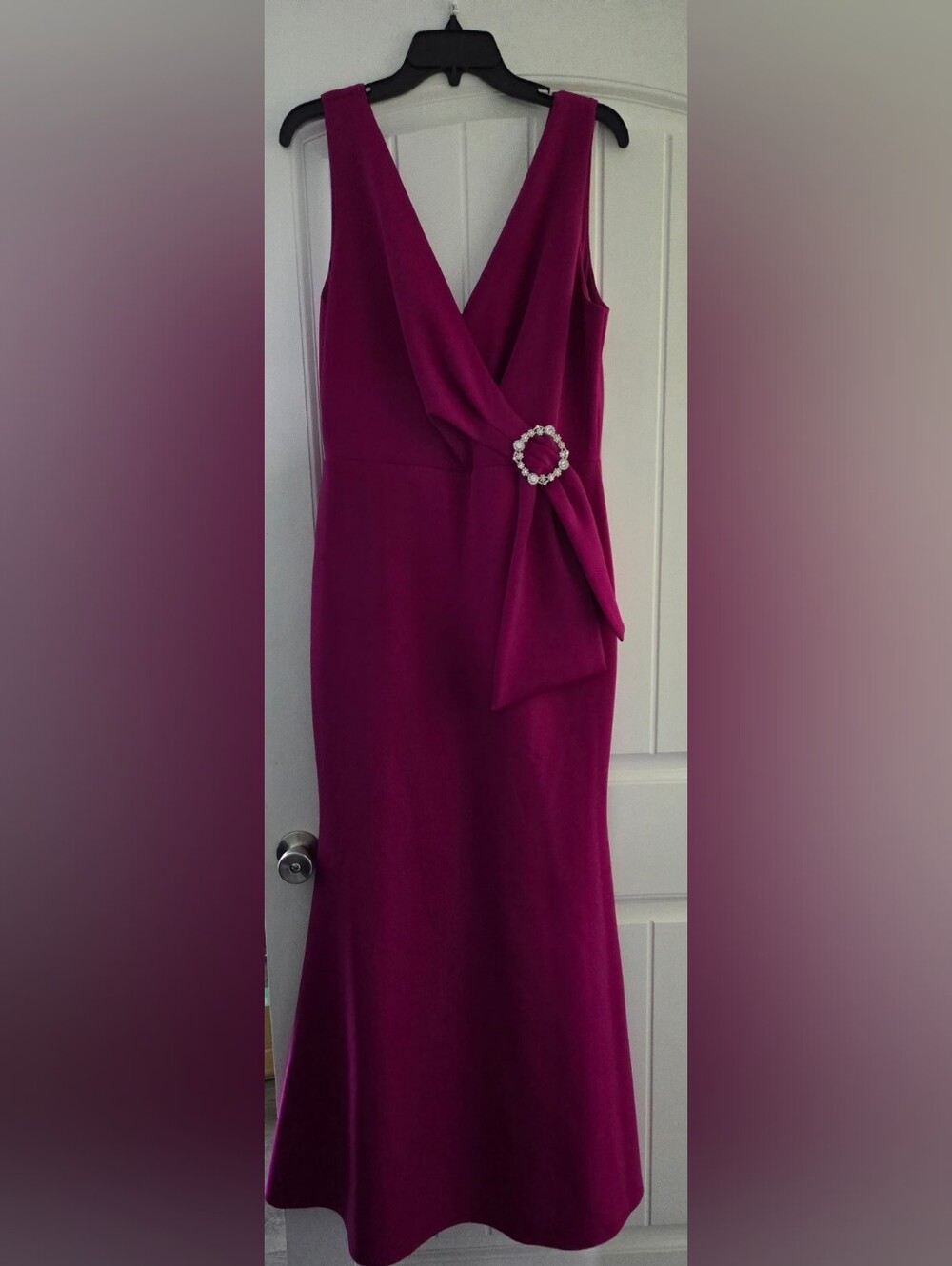 Eliza J Fuchsia Sleeveless V-Neck Gown with Embellished Waist